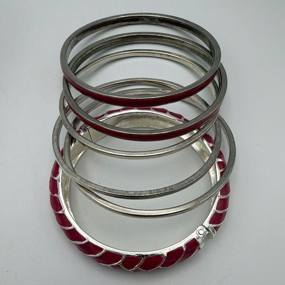 Silver Tone Pink Enamel Stackable Bangle Bracelet Set Hinged Closure Set of 6